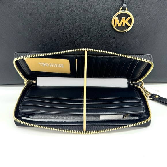 Michael Kors Large MF Pocket Shoulder Tote Bag & Continental Wallet Black/Gold - Picture 14 of 15